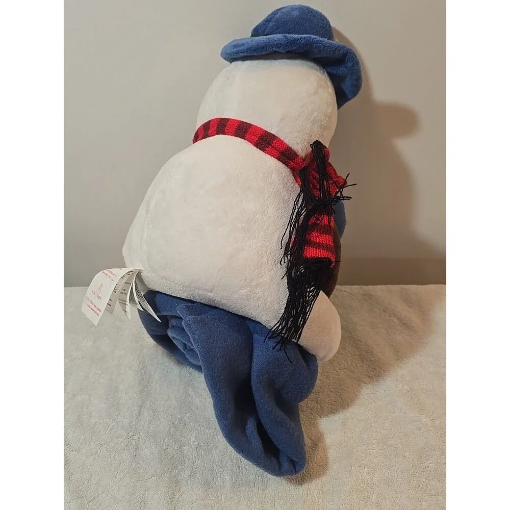 Plush Snowman Holding Blue Fleece Throw Blanket Christmas Cuddly Decoration 2010